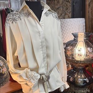 Regina Porter 80s Pearls, Beads, pleated blouse. Size 6.